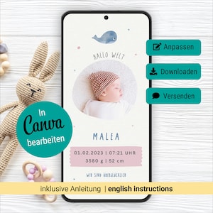 Anuncio de nacimiento digital / anuncio de bebé, tarjeta de nacimiento electrónica / tarjeta de nacimiento / plantilla de Canva personalizable