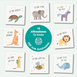 Tarjetas de afirmación para niños para imprimir / PDF digital / 18 tarjetas ilustradas con animales / creencias positivas, tarjetas de aliento