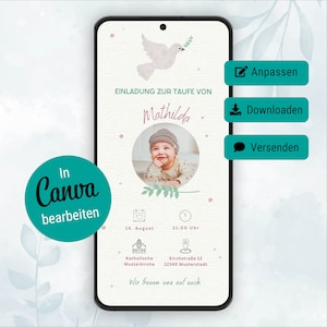 Invitation au baptême - colombe, invitation numérique au baptême, modèle Canva personnalisable, modèle d'invitation WhatsApp