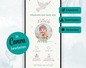 Baptism invitation - dove, digital baptism invitation, customizable Canva template, WhatsApp invitation template