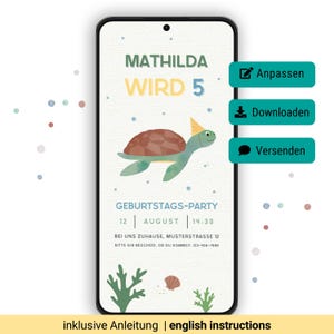 digitale Einladung Kindergeburtstag, Schildkröte Party Einladung, personalisierte Vorlage, WhatsApp Einladung Template