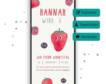 Invitación digital cumpleaños de verano, frutas de fresa, invitación digital, plantilla personalizable, plantilla de invitación de WhatsApp