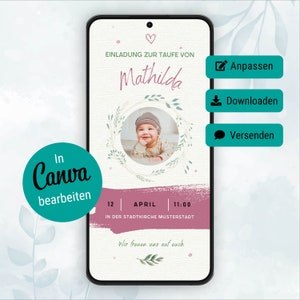 Einladung zur Taufe - Olivenkranz rosé / Digitale Einladung, personalisierbare Canva Vorlage / WhatsApp Einladung Template