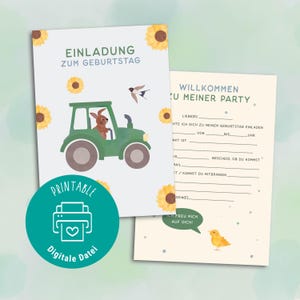 Puede incluir: Dos invitaciones imprimibles para una fiesta de cumpleaños. Una presenta un tractor verde con un conejo conductor, girasoles y el texto "EINLADUNG ZUM GEBURTSTAG". La otra dice "WILLKOMMEN ZU MEINER PARTY". Un círculo turquesa dice "Printable Digitale Datei".