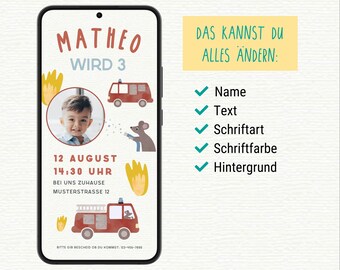 Digital invitation children's birthday, birthday invitation fire brigade personalizable e-card WhatsApp, invitation card boy template