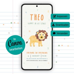 Convite para festa de matrícula escolar / Leão, animais de safári / Convite digital, modelo personalizável do Canva / Modelo de convite do WhatsApp