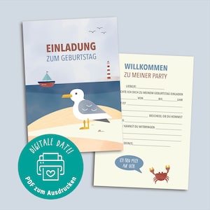 Invitation anniversaire à imprimer / Mer du Nord, mer, plage / Fichier PDF à télécharger immédiatement / pour anniversaires d'enfants avec texte à compléter