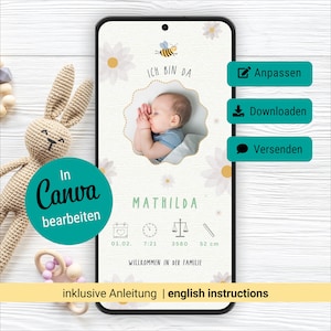Anuncio de nacimiento digital con margaritas, anuncio de bebé, plantilla de Canva en alemán, tarjeta de nacimiento, anuncio de nacimiento personalizado