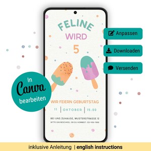 Invitación digital de cumpleaños con helado: plantilla de Canva para cumpleaños, helado de verano para cumpleaños, invitación digital para cumpleaños infantil.