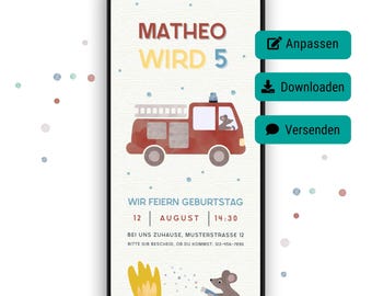 Invitación de cumpleaños digital de bomberos: plantilla personalizable para WhatsApp, perfecta para cumpleaños infantiles y fácil de personalizar.