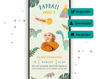 digital birthday invitation dinosaur, invitation with photo, digital template for WhatsApp, for children's birthdays
