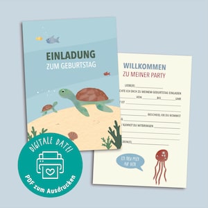 Verjaardagsuitnodiging om af te drukken / zee, schildpad, strand, onderwater / direct te downloaden / voor kinderverjaardagen met tekst die u zelf kunt invullen