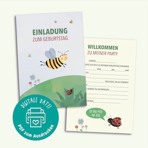 Verjaardagsuitnodiging om af te drukken / bij, bloemenweide, lieveheersbeestje, zomer / direct downloaden / voor kinderverjaardag met invultekst