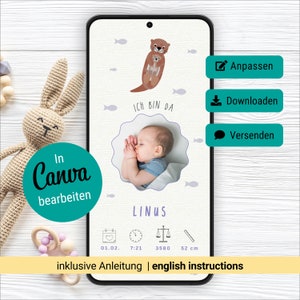 Anuncio de nacimiento digital de nutria, plantilla de anuncio de bebé, tarjeta de nacimiento, tarjeta de bebé, plantilla personalizable de Canva