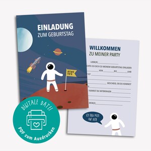 Uitnodiging voor een ruimteverjaardag om af te drukken, verjaardag van een astronaut voor kinderen, PDF-bestand om direct te downloaden, voor kinderverjaardagen met tekst die je zelf kunt invullen
