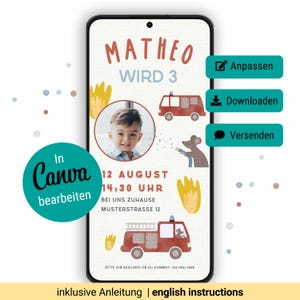 Invitación digital cumpleaños infantil, invitación cumpleaños bomberos personalizable e-card WhatsApp, tarjeta de invitación niño plantilla Canva