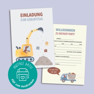 Verjaardagsuitnodiging om af te drukken / voertuigen, graafmachine, bouwplaats / PDF-bestand om direct te downloaden / voor kinderverjaardagen met tekst die u zelf kunt invullen