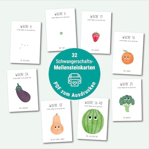 Mijlpaalkaarten voor zwangerschapsweken: Fruit en groenten om af te drukken, Hoe groot is onze baby?, Baby aftellen, PDF - digitaal bestand