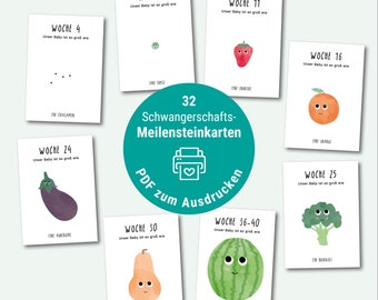 Cartes étapes semaines de grossesse fruits et légumes à imprimer / Quelle est la taille de notre bébé ? / Compte à rebours bébé / PDF - fichier numérique