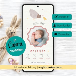 Anuncio digital de nacimiento de niña, pollito y pollito, tarjeta de nacimiento personalizada, plantilla personalizable de Canva.