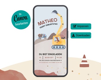 Invitación digital de excavadora, cumpleaños de fanático de los vehículos, invitación de cumpleaños digital, plantilla personalizable de Canva, plantilla de WhatsApp