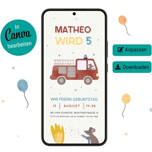 Invito digitale per il compleanno dei vigili del fuoco: modello Canva personalizzabile per WhatsApp, perfetto per i compleanni dei bambini e facile da personalizzare