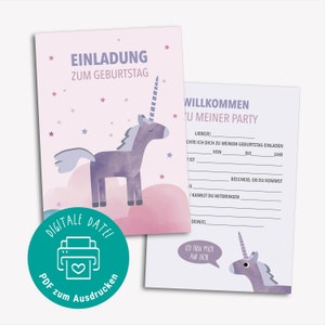 印刷可能な誕生日招待状、Einhorng Partyの子供の誕生日、PDFファイルの即時ダウンロード、空白テキスト付きの子供の誕生日用