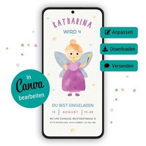 Invitation anniversaire numérique fée, invitation anniversaire enfant pays des merveilles, modèle Canva à remplir et à envoyer soi-même
