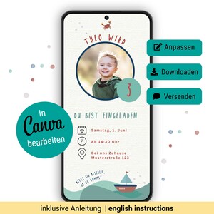 Invitation anniversaire enfant mer, plage, mer du Nord, invitation numérique pour anniversaire, modèle Canva personnalisable à remplir soi-même