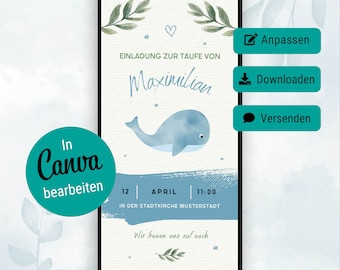 Invitación digital de bautizo ballena, tarjetas de invitación digitales, tarjeta electrónica de invitación de bautizo de niño, personalizada, bautizo de WhatsApp, plantilla Canva en alemán