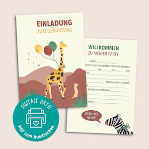 Uitnodiging voor verjaardag om af te drukken, safari, Afrika, wilde dieren, PDF-bestand om direct te downloaden, voor kinderverjaardagen met tekst die je zelf kunt invullen