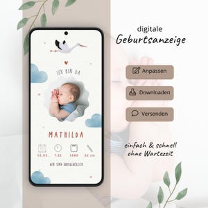 デジタル出産のお知らせ - カスタマイズ可能なCanvaテンプレート - WhatsAppと印刷用、赤ちゃんのウェルカムカード、デジタル出産のお知らせ