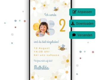 digital invitation 2nd birthday daisy, personalized invitation girl, invitation girl's birthday, template German