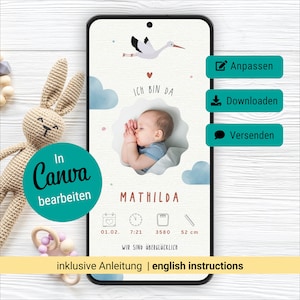 Anúncio digital de nascimento com cegonha - anúncio de bebê de gênero neutro, modelo Canva personalizável para enviar via Whatsapp
