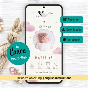 Faire-part de naissance numérique cigogne, annonce de bébé graphique, carte de naissance numérique, carte de naissance, modèle Canva personnalisable pour la naissance