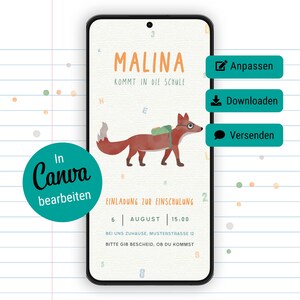 convite digital para matrícula escolar / raposa, animais da floresta / modelo Canva personalizável / modelo de convite WhatsApp