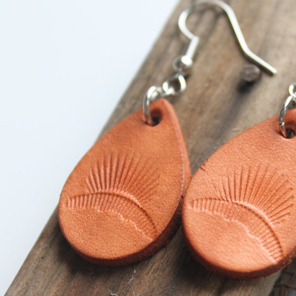 Hand-stamped Sunburst Genuine Leather Earrings - Handmade earrings, genuine leather, stamped leather, western style, western jewelry