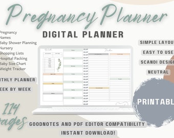 May include: A digital pregnancy planner with 114 pages, featuring a weekly and monthly layout. The planner is designed with a simple, easy-to-use interface and a neutral, Scandinavian aesthetic. It is compatible with Goodnotes and PDF editors and is printable.