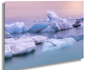 Jökulsárlón Glacier Lagoon Photo during a Pastel Sunrise, Iceland: Fine Art Print, Canvas, Acrylic, Metal, Scenic Wall Decor