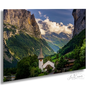 Lauterbrunnen Valley Print: Reformed Church at Golden Hour, Switzerland Wall Art