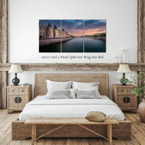Paris Sunset Photography: Seine River Cityscape - Canvas, Acrylic, or Metal 36x72 inch (3 Panel)