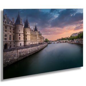 Paris Sunset Photography: Seine River Cityscape - Canvas, Acrylic, or Metal image 1