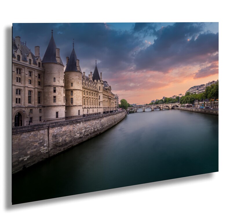 Paris Sunset Photography: Seine River Cityscape - Canvas, Acrylic, or Metal image 1