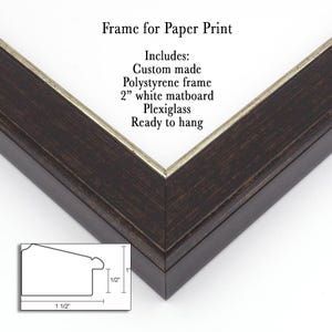 a dark brown wooden frame with a white matboard and a flexible glass mat, ready to hang. The frame is described as a custom-made Polystyrene frame with a 2" white matboard and a flexible glass mat. The image also includes a diagram of the frame's dimensions, which are 1 1/2" in length and 1 1/2" in width.