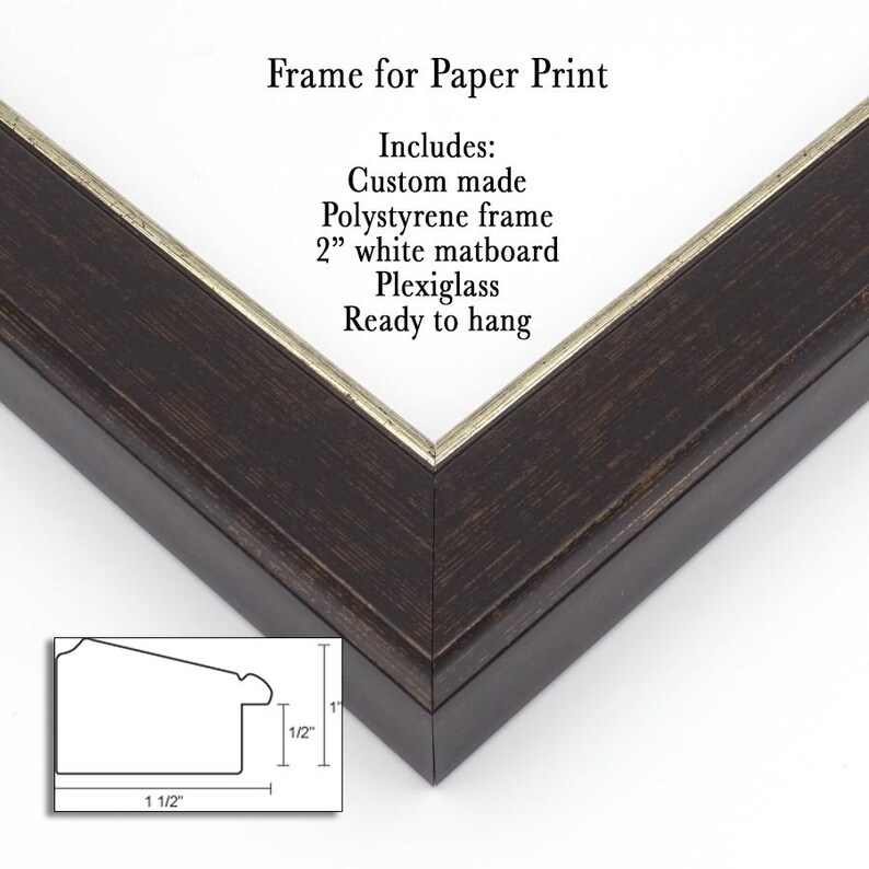 a dark brown wooden frame with a white matboard and a flexible glass mat, ready to hang. The frame is described as a custom-made Polystyrene frame with a 2" white matboard and a flexible glass mat. The image also includes a diagram of the frame's dimensions, which are 1 1/2" in length and 1 1/2" in width.