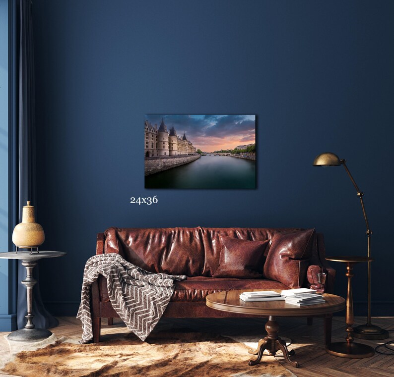 Paris Sunset Photography: Seine River Cityscape - Canvas, Acrylic, or Metal 24x36 inches