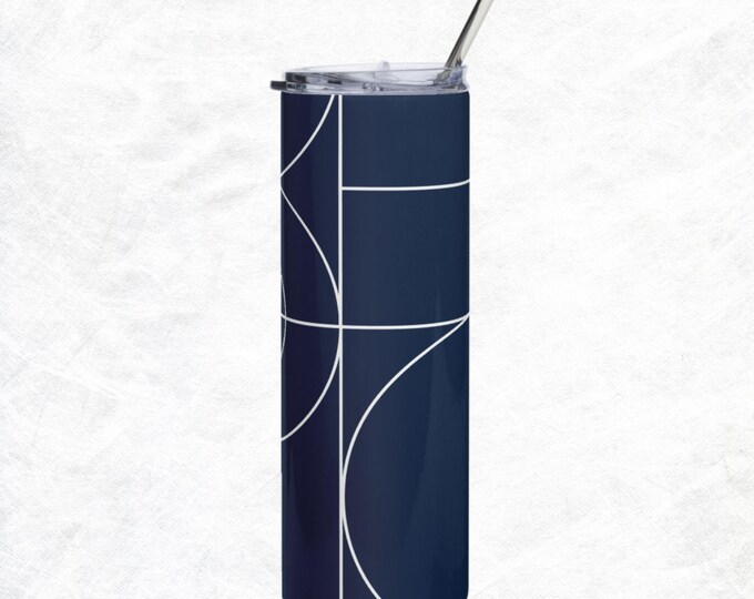 Blue White Line Design Novelty Tumbler With Lid & Straw Made To Order Gift
