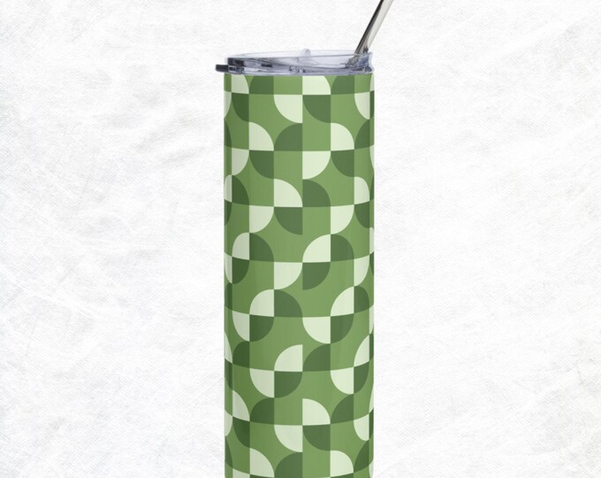 Olive Green Geometric Design Tumbler With Lid & Straw Made To Order Gift