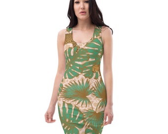 Sleeveless Tropical Olive Tan Midi Ladies Summer Dress