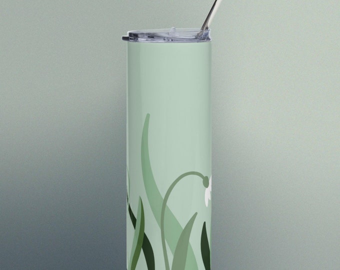 Green White Floral Design Novelty Tumbler With Straw and Lid Made To Order Gift